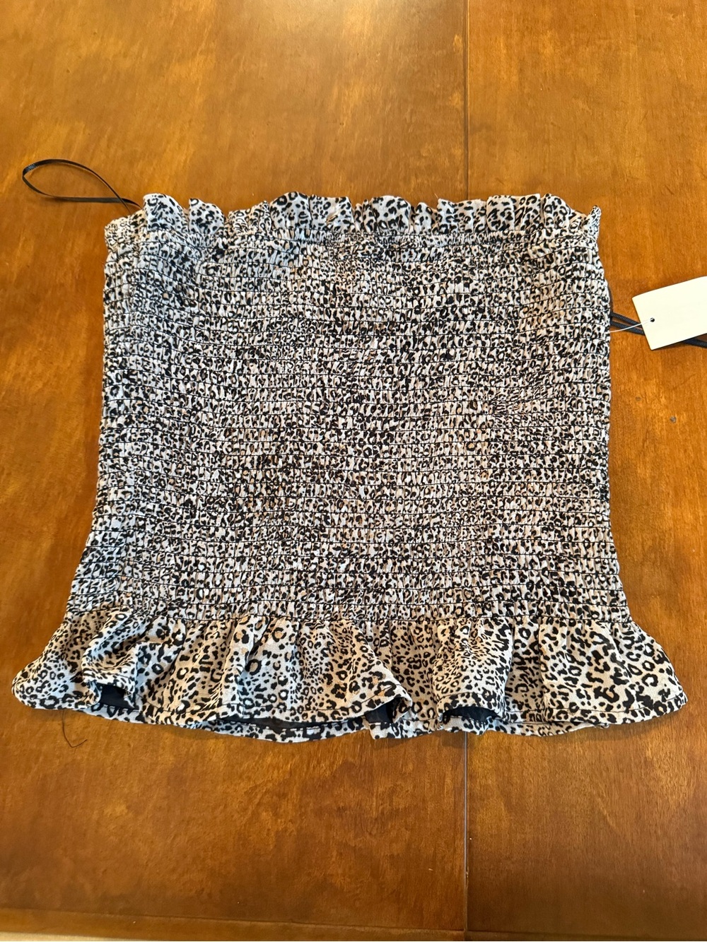 Smocked Leopard Print Crop Top with Ruffle Hem - Black/Beige